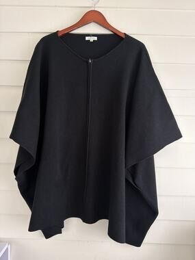 Y2K Max Studio Black Cape Poncho Zip Front Large Fine Ribbed Knit 90s Minimalist